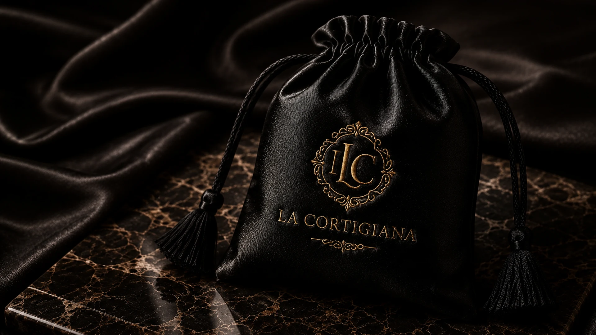 Sacchetto personalizzato con logo La Cortigiana ricamato