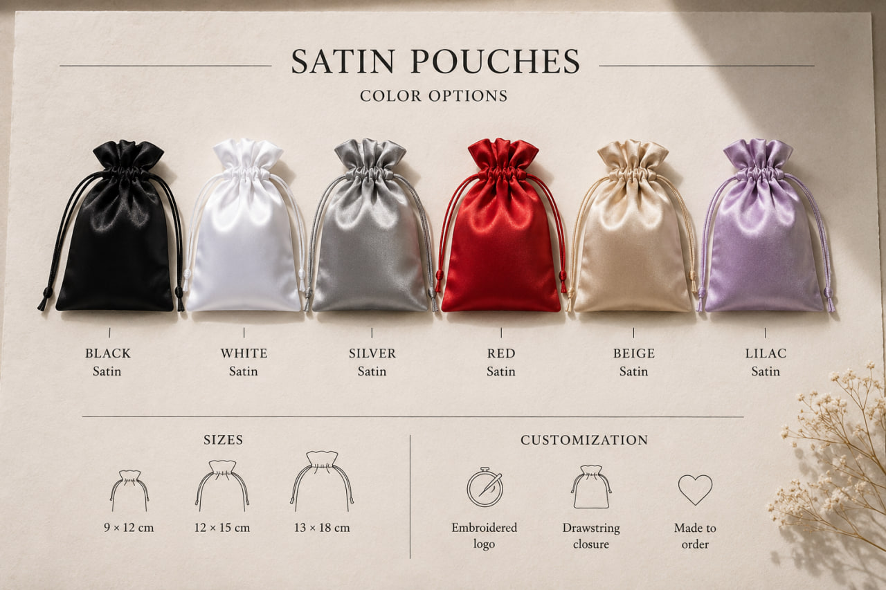 Colori e dimensioni disponibili per sacchetti in satin
