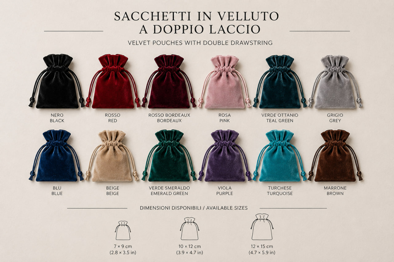 Sacchetti in velluto a doppio laccio, colori e dimensioni