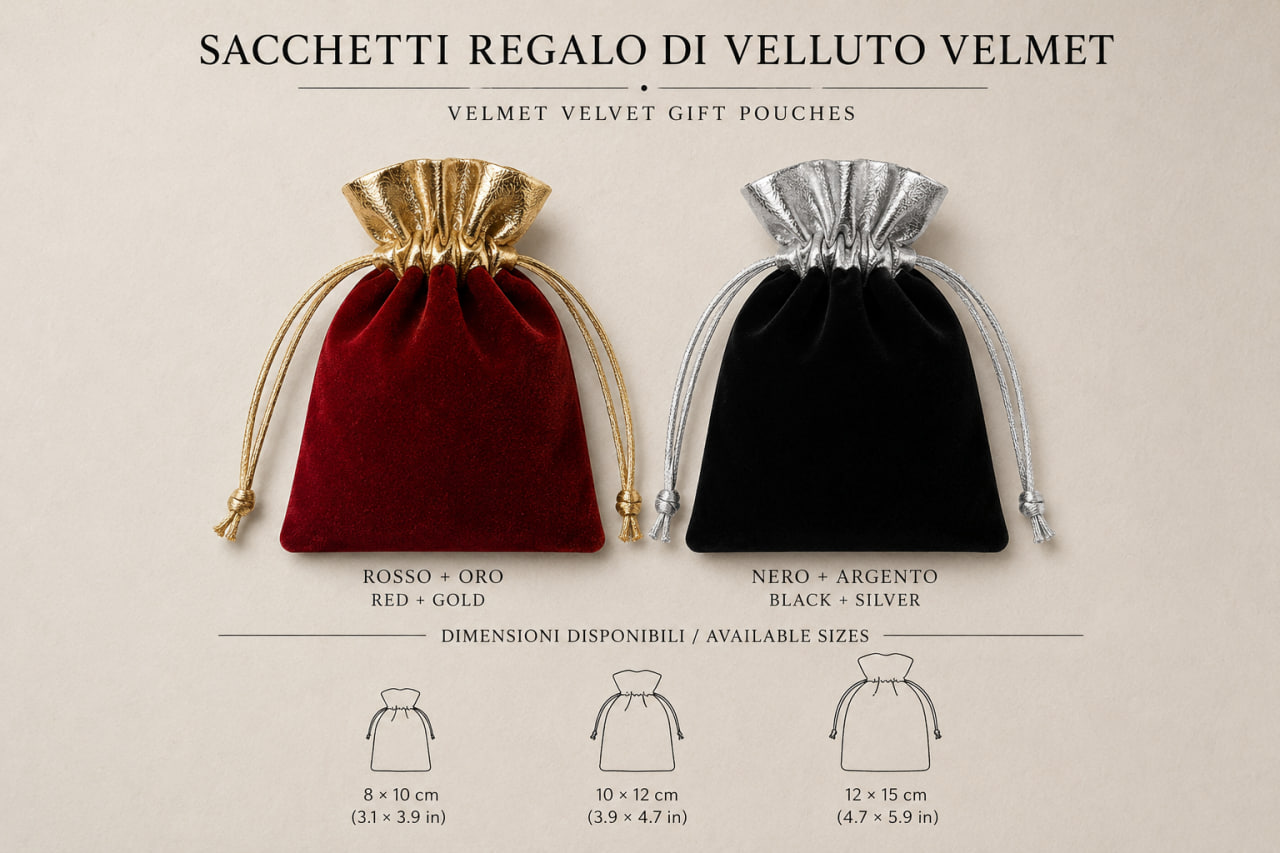 Sacchetti in velluto bicolore con bordo metallizzato, colori e dimensioni