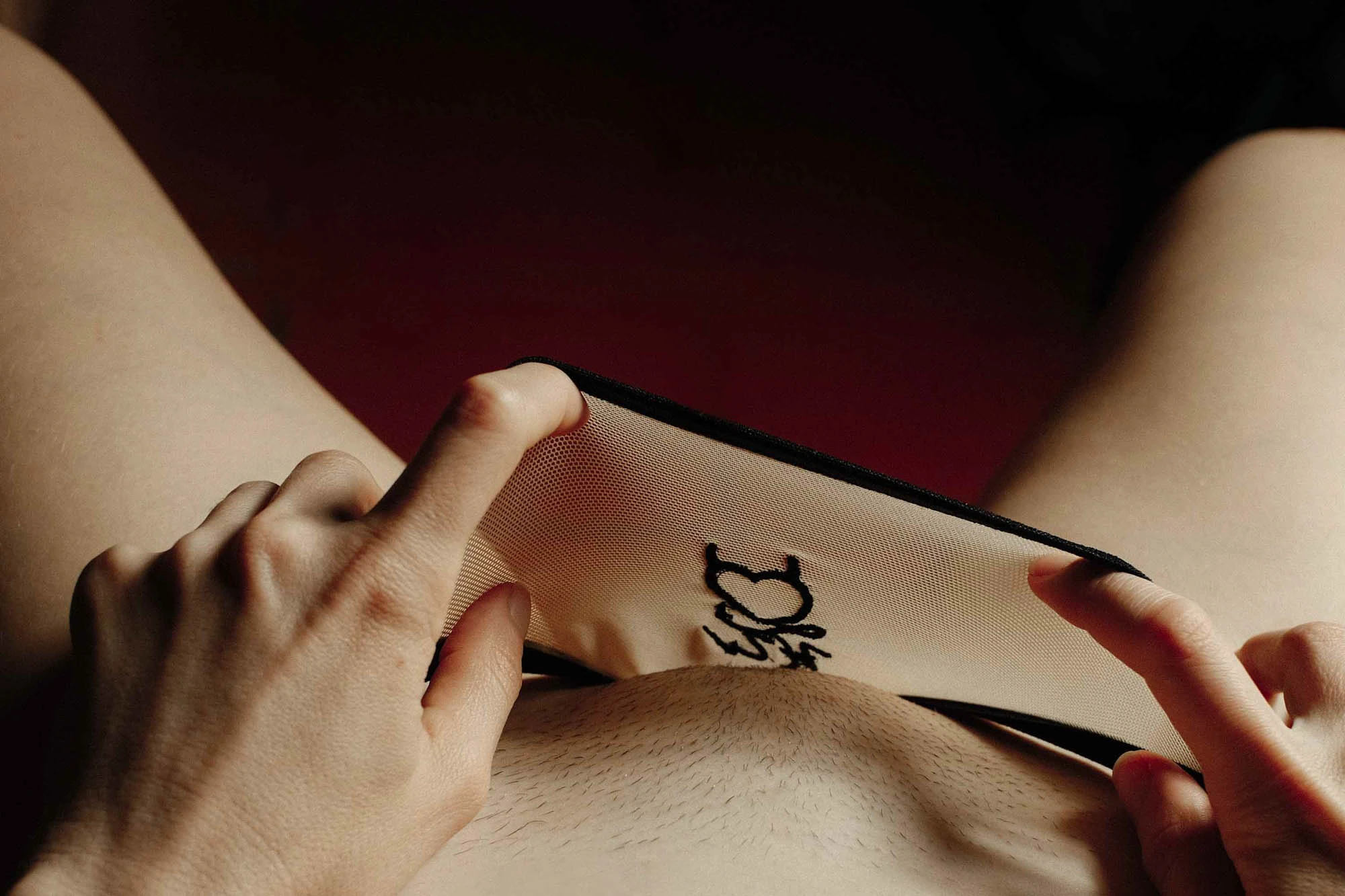 Minimalist intimate detail of sheer mesh lingerie and natural skin tones